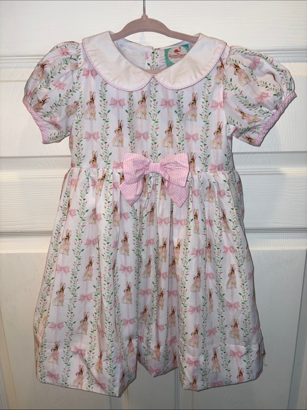 Girls' Pink Bunny Print Cotton Dress with Bow